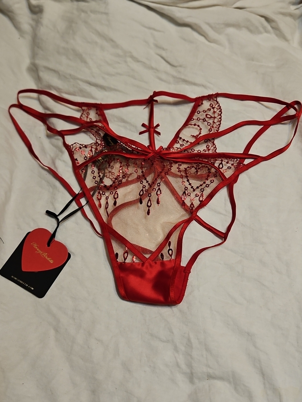 Honey Birdette Adora Red Strappy Embroidered Sheer Brief Sz Xl
